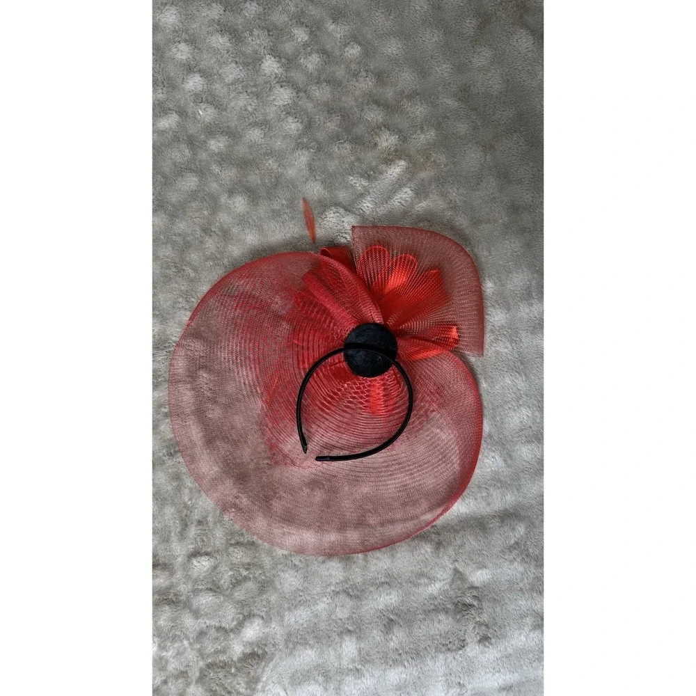 Red Fascinator Hat Headband Mesh Veil